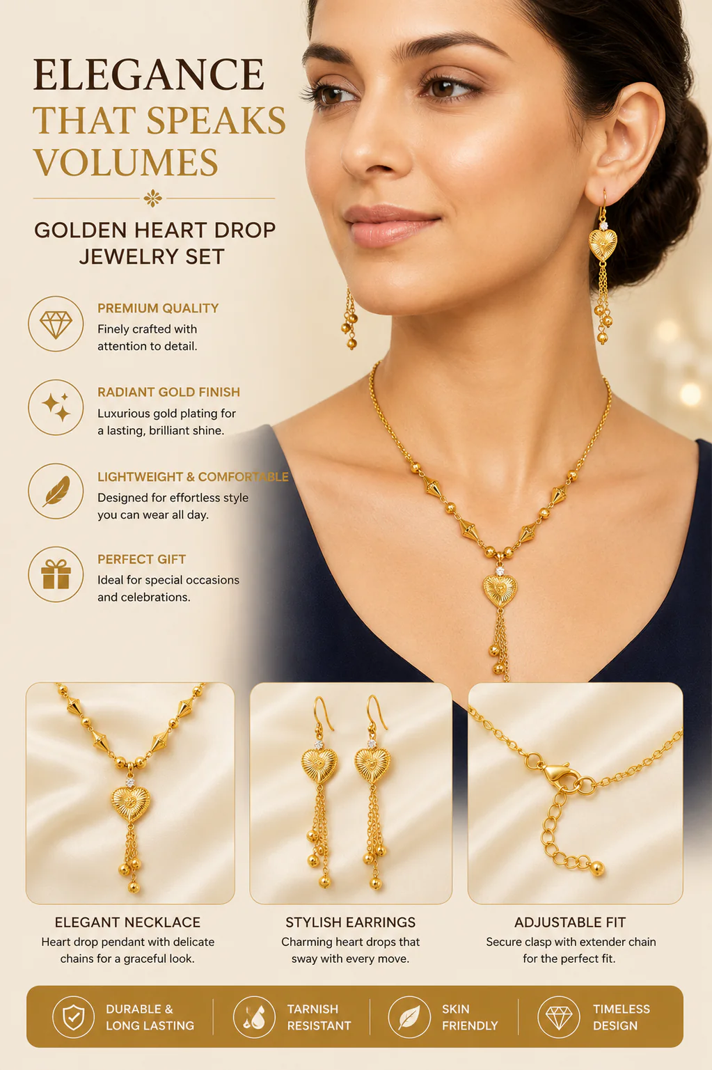 Gold Heart Pendant Jewelry Set
